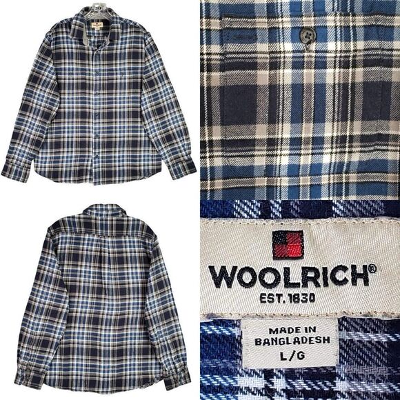 Woolrich Shirt Flannel Mens Size Large L Long Sleeve Button Down Blue Plaid - Picture 1 of 9